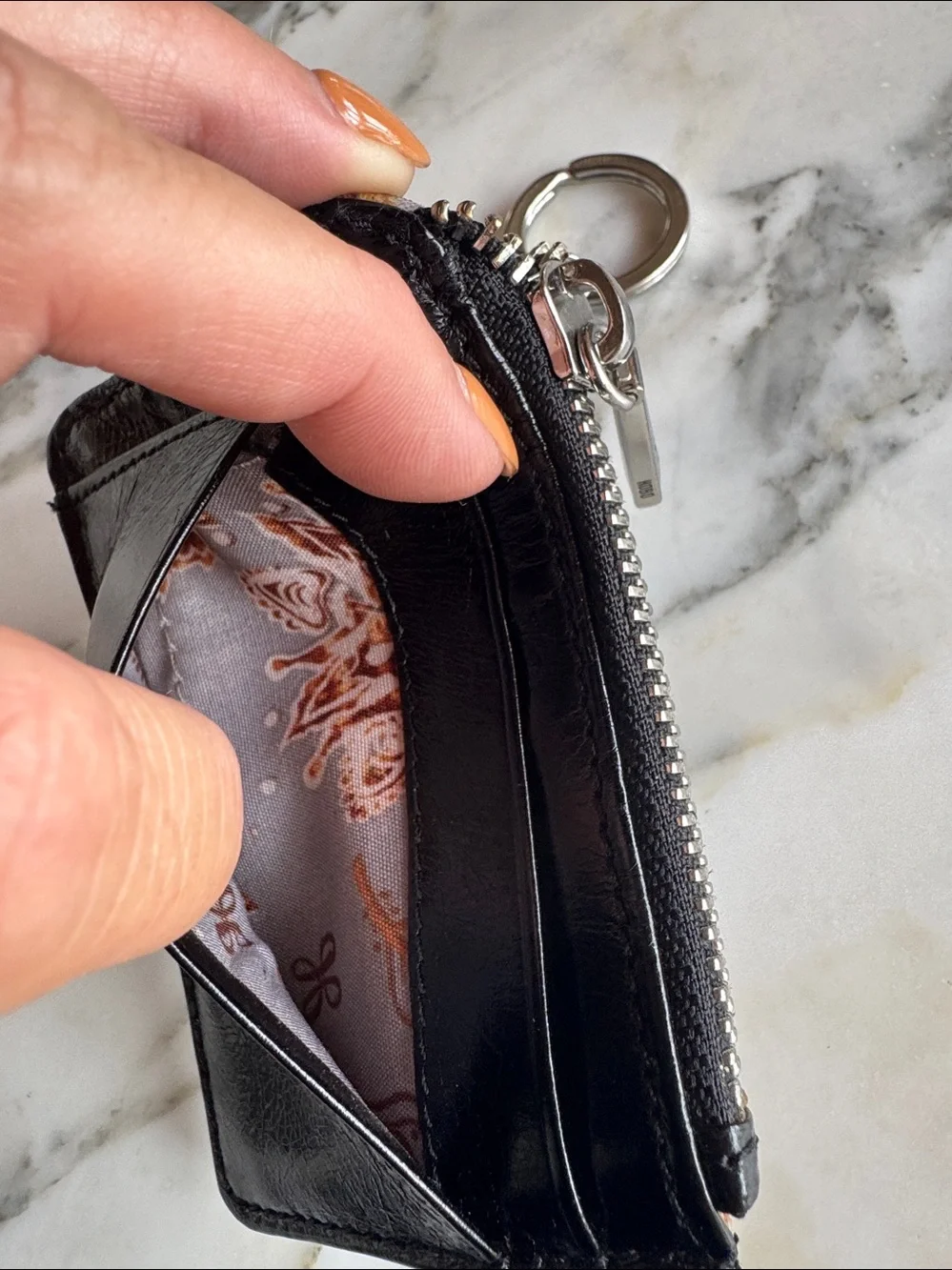 HOBO International Kai Black Leather Zip Card Case Keychain Coin ID Card Wallet